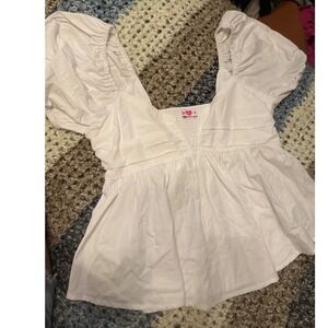 BuddyLove White Puff Sleeve Peplum Top Smocked Back Babydoll Blouse Small